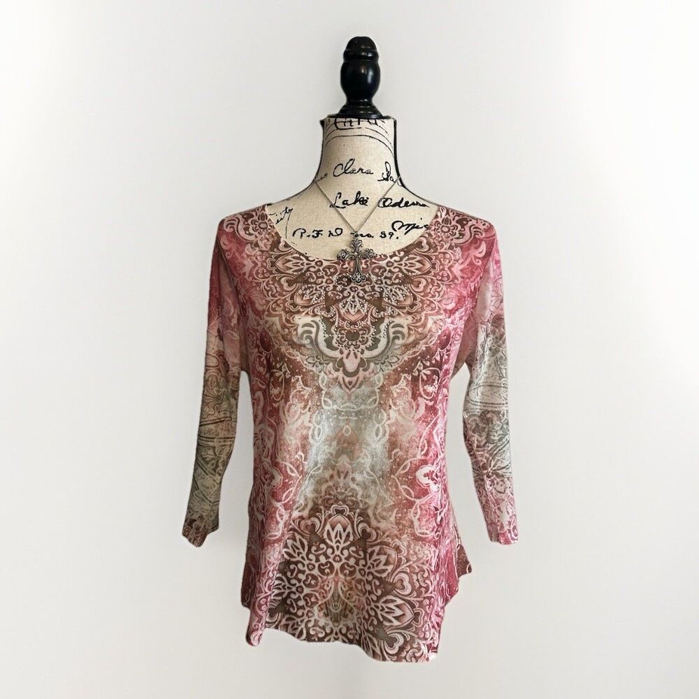 VTG Y2K World Unity Pink Supernova Embellished Artsy Grunge Top Sz M